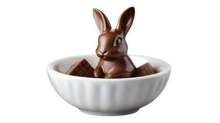 Chocolate rabbit in a white bowl. isolated on transparent background.