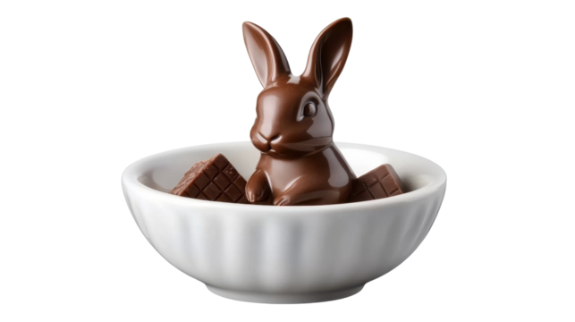 Chocolate rabbit in a white bowl. isolated on transparent background.