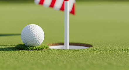 Obraz premium Golf Ball Near Hole on Bright Green Grass with Striped Flag