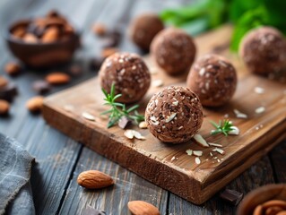 Fototapeta premium energy snack balls with almonds and cocoa, rustic board, soft natural light, high quality stock JPG 3