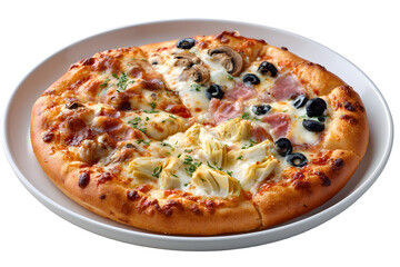 Pizza Quattro Stagioni (Four Seasons), a classic Italian pizza divided into four sections, each with a different topping like ham, mushrooms, or artichokes.