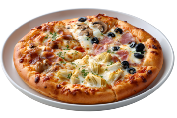 Pizza Quattro Stagioni (Four Seasons), a classic Italian pizza divided into four sections, each with a different topping like ham, mushrooms, or artichokes.