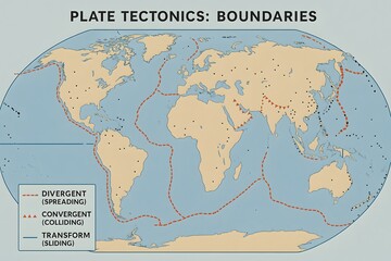 Tectonic Plate Boundaries World Map with Geological Features for Education