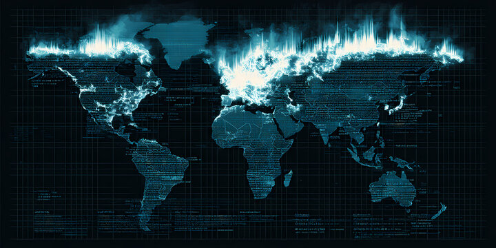Global Cyber Intrusion Digital Map Visualizing Malicious Hacker Activity and Network Security Breach Patterns Across Continents