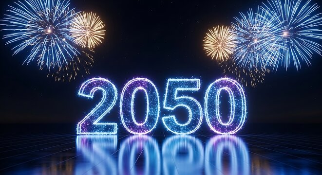 Sparkling 2050 with Fireworks, Reflecting on a Dark, Futuristic Surface