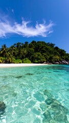 Tropical beach scene with clear turquoise water and lush vegetation