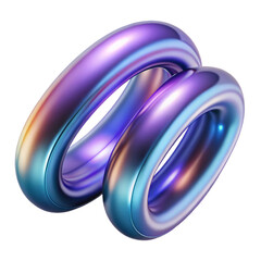 Two parallel iridescent metallic rings forming abstract shapes, isolated on a transparent background