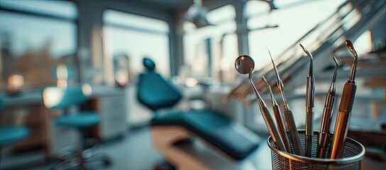Dental instruments in a modern clinic setting with a blurred background.