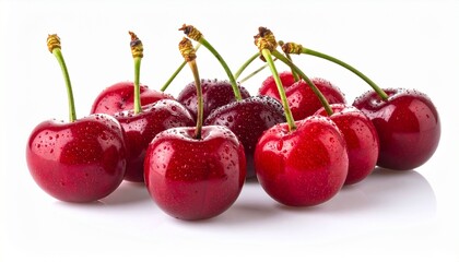 Fresh cherries with shiny red skin sweet juicy organic fruit isolated on white background
