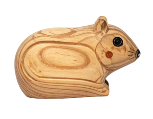 Rustic Wooden Hamster Toy with Simplified Shape and Painted Details, Side Profile View, Isolated on Transparent Background