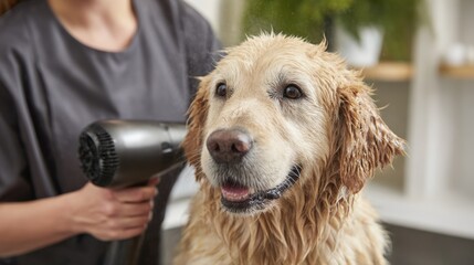 Grooming station scene featuring a pet groomer drying a wet dog with a highvelocity dryer ensuring a smooth finish.