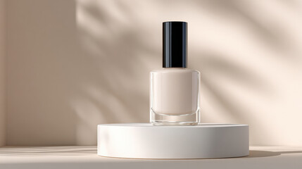 Minimalist nail polish bottle displayed on white circular pedestal, showcasing soft beige color. elegant design and soft shadows create serene and luxurious atmosphere
