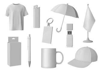 Mockup items. Corporate brand souvenirs. Identity products like stationery pen or cup. T-shirt business branding. White blank mug. Umbrella and hat. Pencil box cover. Vector 3D objects set