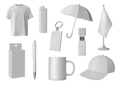 Mockup items. Corporate brand souvenirs. Identity products like stationery pen or cup. T-shirt business branding. White blank mug. Umbrella and hat. Pencil box cover. Vector 3D objects set