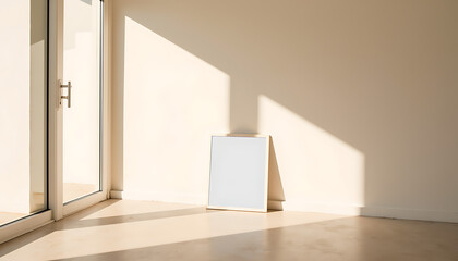 Minimalist scene with empty frame bathed in warm sunlight near large glass door, perfect for display