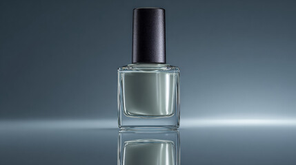 Sleek glass nail polish bottle with black cap, showcasing elegance and minimalism, reflects beautifully against soft gradient background. This high fidelity image captures luxury