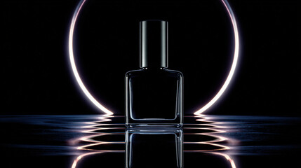 Sleek, high contrast black bottle is isolated against dark void, illuminated by soft glow that creates striking visual effect. reflection adds depth and elegance to composition