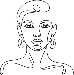 Minimal one line art of a woman face with elegant earrings abstract continuous line vector illustration