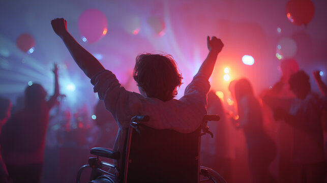 Person in wheelchair celebrates life with arms raised at vibrant party, enjoying music and social event