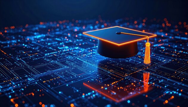 A digital graduation cap illuminated on a circuit board background, symbolizing the intersection of education and technology.