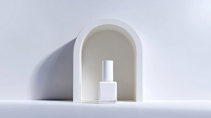 Minimalist white nail polish bottle is elegantly displayed against soft white arch backdrop, creating serene and modern aesthetic. composition highlights simplicity and beauty of product