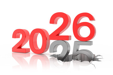 3d render of the numbers 2026 and 25 and 25 in red over white reflecting background. The number 26 falls on the number 25 and breaks in it in the ground - vacation concept.