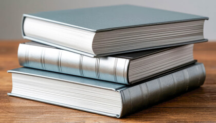 Obraz premium Three hardcover books stacked on wooden surface, studio setting, neutral background