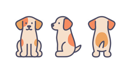A set of simple, cute, and flat vector illustrations of a puppy, showcasing its front, side, and back profiles in a clean and modern style.