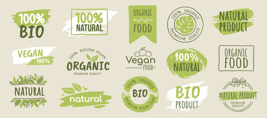 Organic label. Fresh nature logo, 100 bio food or recycle eco tag. Green text button, fruit or leaf icon. Healthy products packaging design isolated elements. Vector stamp and stickers