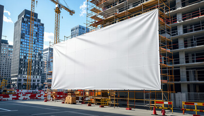 Large blank mesh banner mockup on scaffolding at city construction site with copy space