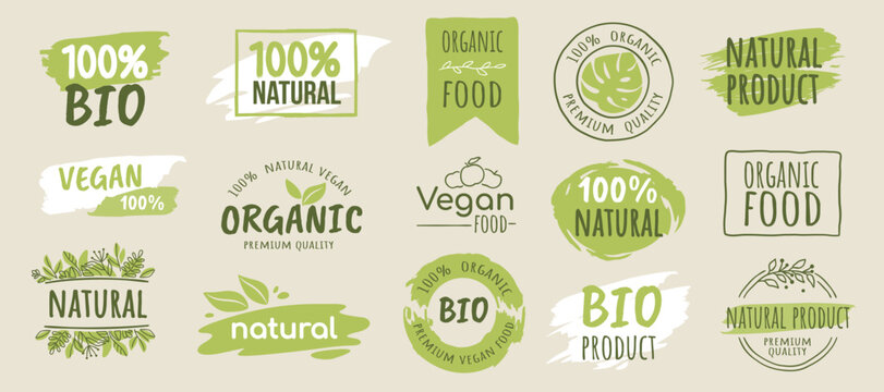 Organic label. Fresh nature logo, 100 bio food or recycle eco tag. Green text button, fruit or leaf icon. Healthy products packaging design isolated elements. Vector stamp and stickers
