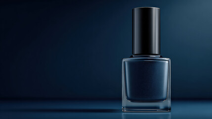Obraz premium Sleek, modern nail polish bottle deep steel blue color sits against dark background, showcasing its luxurious and minimalist design. high fidelity of image highlights glossy finish and elegant