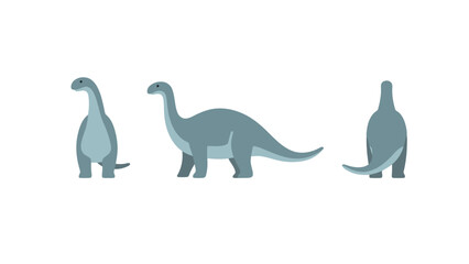 A set of simple, flat vector illustrations of a long-necked dinosaur, showcasing its front, side, and back views in a clean and modern style. © cheng