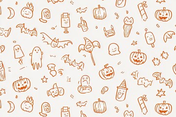 Seamless Halloween pattern with cute hand drawn orange doodles.