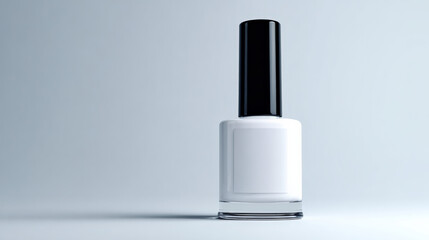 Sleek, minimalistic nail polish bottle with glossy black cap stands against soft, light background. design emphasizes simplicity and elegance, perfect for showcasing beauty products