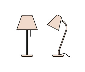 A pair of simple, flat vector illustrations of two different lamps, showcasing a table lamp and a desk lamp on a clean white background.