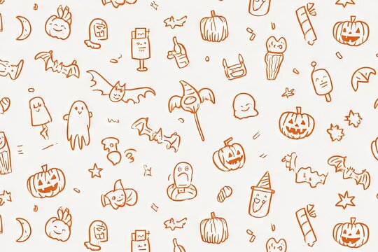 Seamless Halloween pattern with cute hand drawn orange doodles.