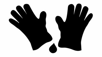 Two black gloves are displayed with one having a water droplet hanging from it on a white background silhouette