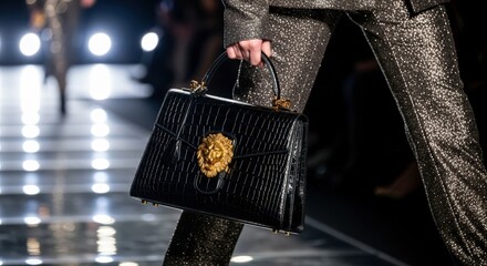 A model carries a luxurious black crocodile embossed handbag on the runway during a fashion show.