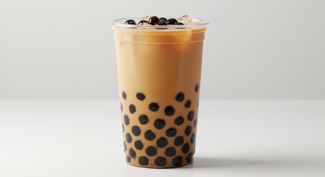 冷たいミルクティー 輝く氷 黒タピオカ 爽やかデザイン (Tsumetai miruku tī hikaru kōri kuro tapioka sawayakana dezain) This translates roughly to: "Cold milk tea, shining ice, black tapioca, refreshing design.". AI Generated