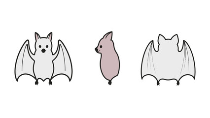 A set of simple, cute, flat vector illustrations of a bat in different poses, including front, side, and back views.