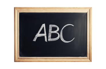 School blackboard with wooden frame showing ABC letters drawn in white chalk on transparent background; cutout for textbooks and classroom posters. Back to school.