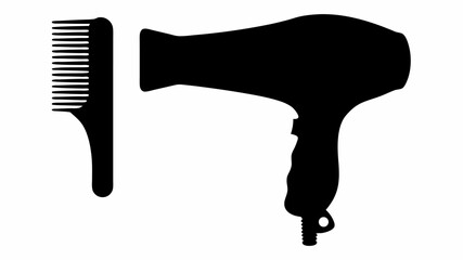Silhouette of a hair dryer and a comb for styling hair and beauty treatments in black and white style