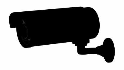 A close up silhouette of a security camera mounted on a wall bracket in black and white color scheme view