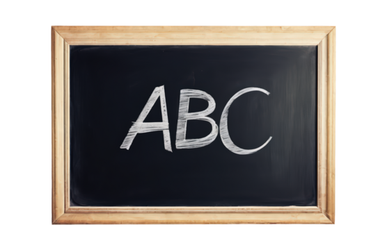 School blackboard with wooden frame showing ABC letters drawn in white chalk on transparent background; cutout for textbooks and classroom posters. Back to school.