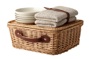Obraz premium A woven basket filled with neatly stacked towels and several white plates.