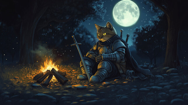 Epic ginger cat knight in heavy steel armor sitting by a glowing campfire under the full moon in a dark fantasy forest at night