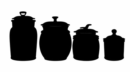 Silhouette depiction of four lidded jars of varying shapes and sizes arranged in a row on a white surface
