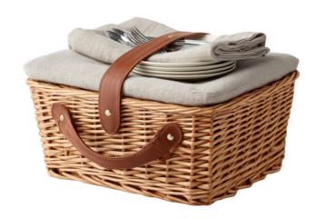 A wicker picnic basket filled with neatly arranged plates, cutlery, and a cloth napkin on top.