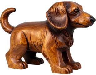 Decorative Wooden Dog Sculpture with Vintage Artisan Craft Style, Angled Perspective, Isolated on Transparent Background